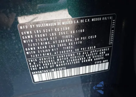 2018 Volkswagen Tiguan 2.0T Se/2.0T Sel из США, поврежденный, VIN 3VV3B7AX1JM213874